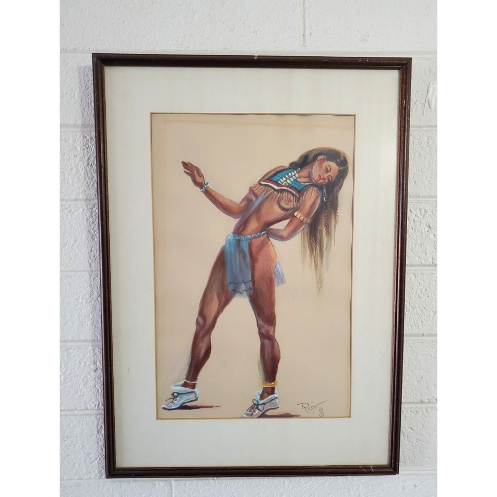 Vintage Art Erotica Print Painting of Native American Female Signed 1981